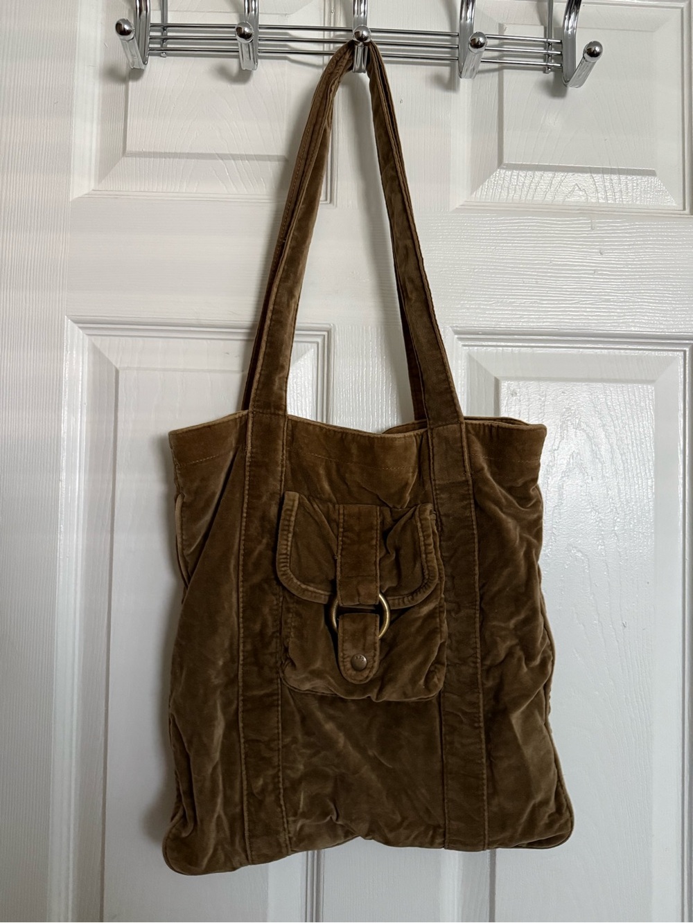Y2K AEO Brown Velvet Tote Bag with Front Buckle Pocket